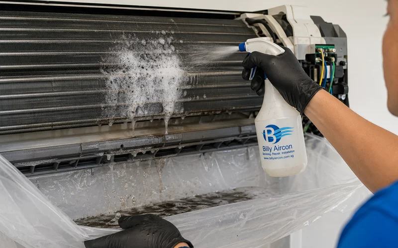 Chemical flush spray into coil with drip tray