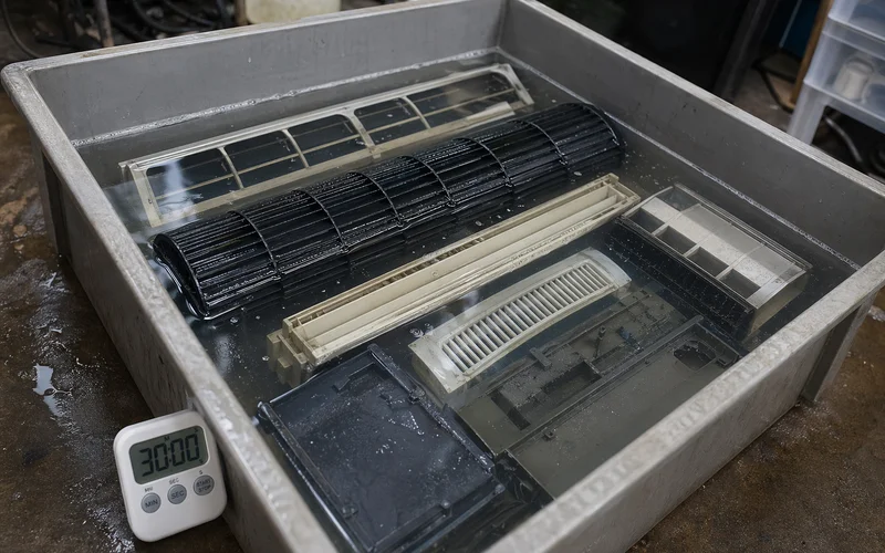 Fan coil components in chemical bath tray with timer