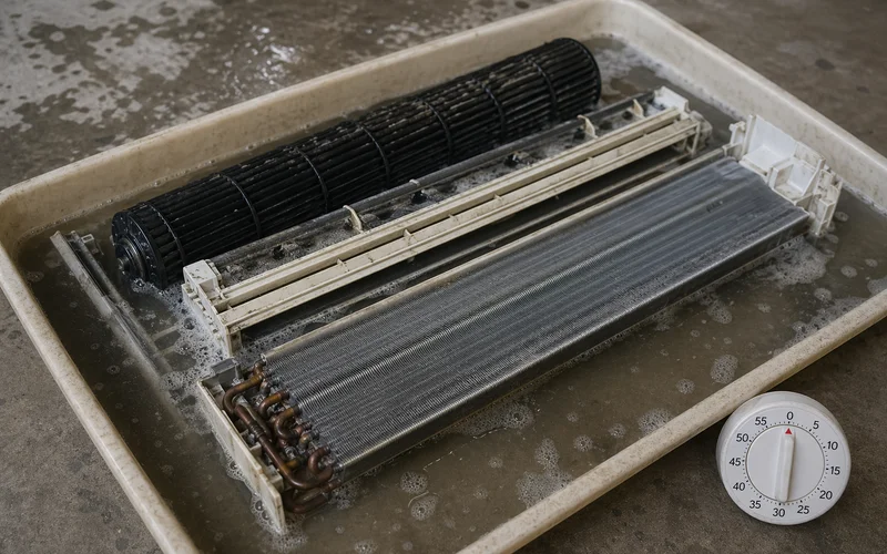 Fan coil components soaking in chemical bath tray with timer