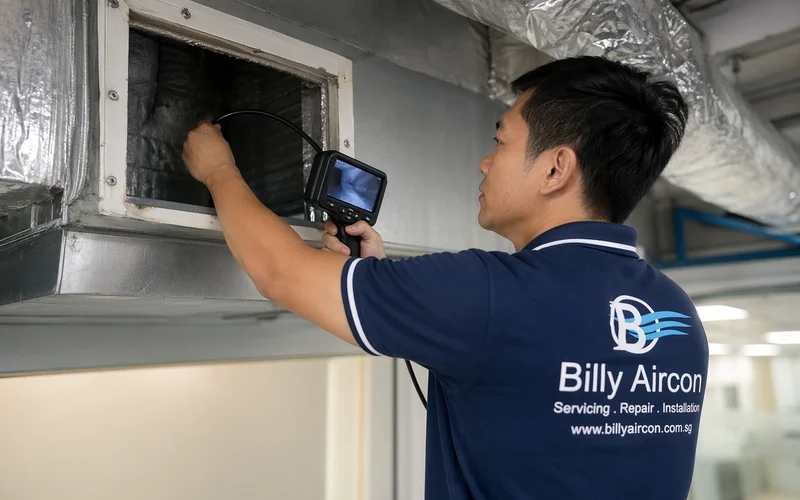 Technician inspecting ductwork with borescope camera