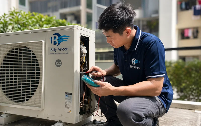 Technician inspecting outdoor condenser compressor with multimeter