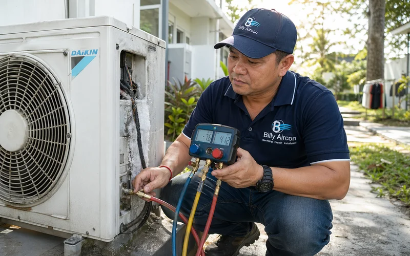 Technician measuring refrigerant pressure at outdoor condenser