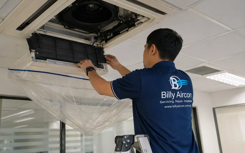 Technician on ladder servicing overhead cassette