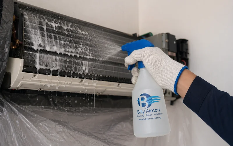 Technician spraying chemical onto exposed coil fins