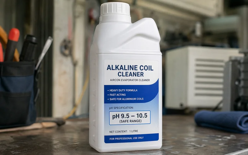 Chemical detergent bottle label showing pH specification