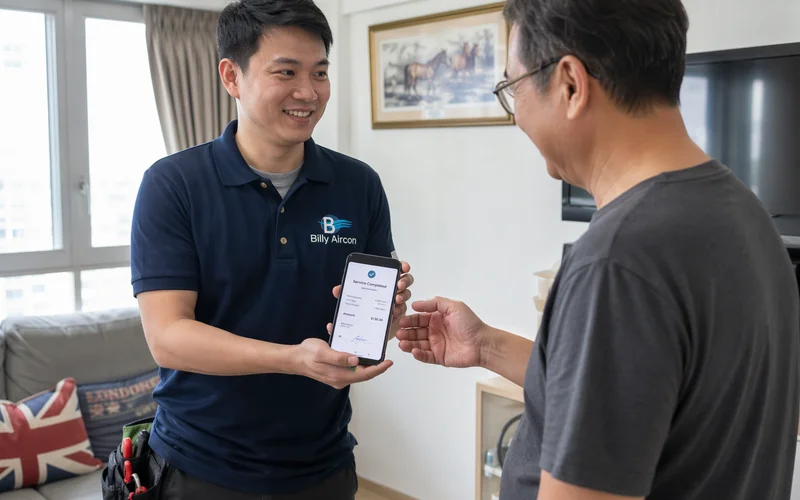 Customer receiving digital receipt from technician