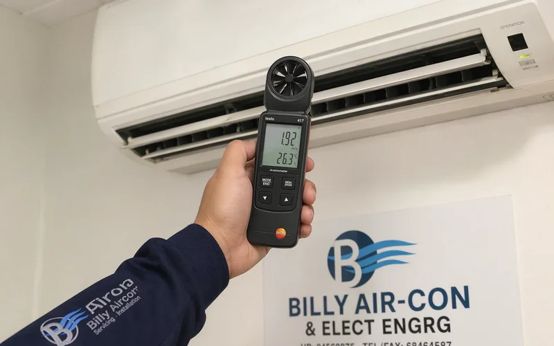Digital anemometer reading at aircon vent post-wash