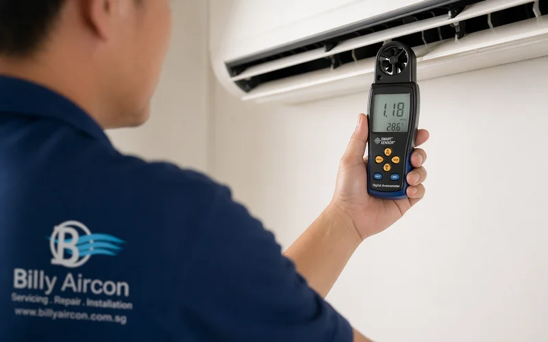 Digital anemometer reading at aircon vent post-wash