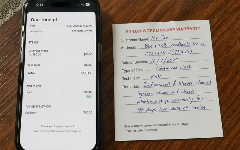 Digital receipt and 90-day warranty card for handover