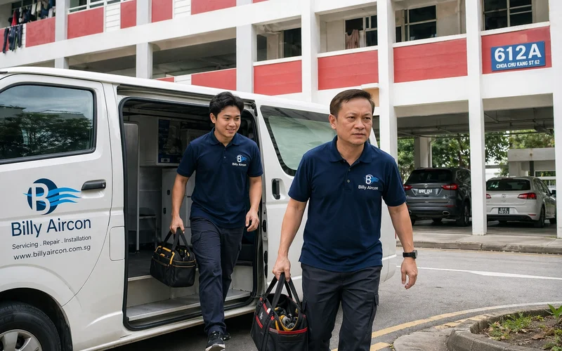 Emergency team van arriving at HDB block for leak