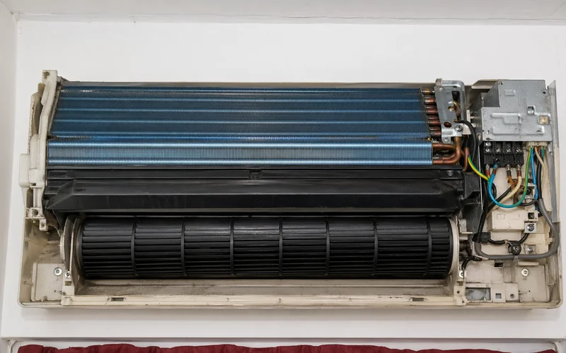 Fan coil cross-section showing servicing vs chemical wash reach