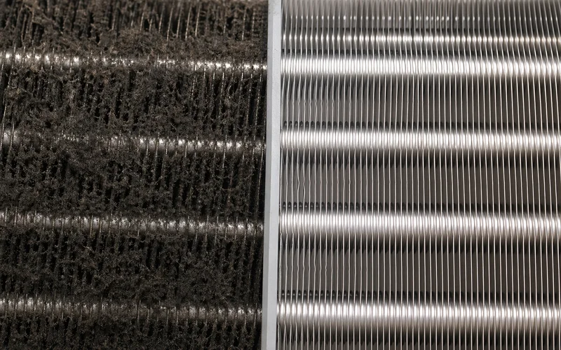 Macro photo of black mould colony on aircon coil fin