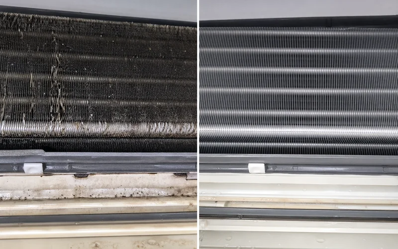 Before/after coil fin photos side-by-side