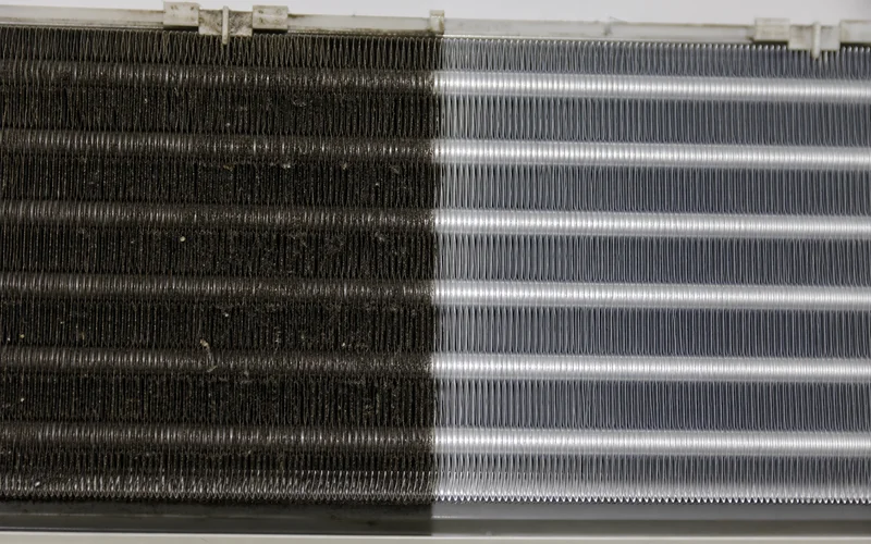 Clean vs dirty aircon evaporator coil fins comparison