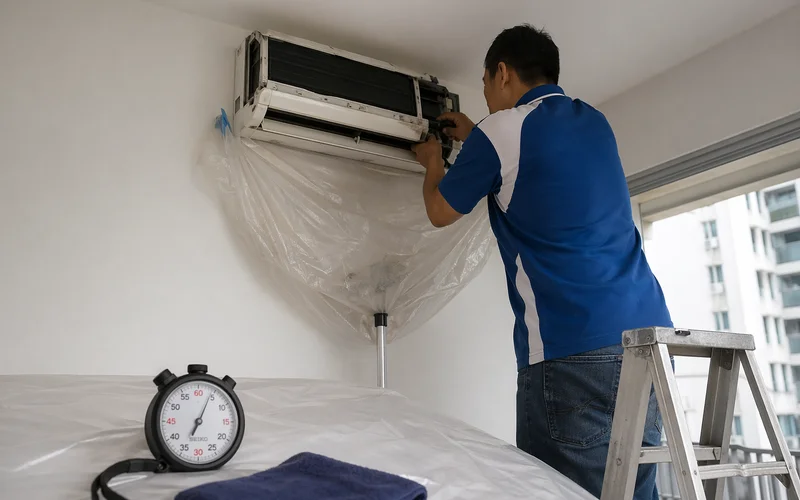 Stopwatch overlay on aircon servicing scene