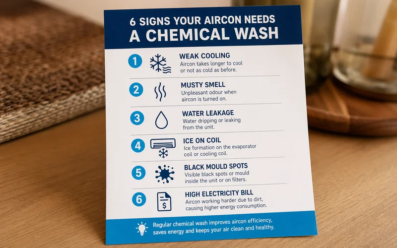 Six-symptom aircon chemical wash checklist infographic