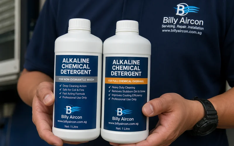 Technician comparing chemical wash and overhaul detergent bottles