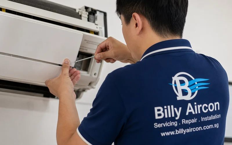 Technician removing aircon cover panel with specialised tool