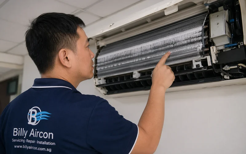 Technician pointing at ice formation on aircon evaporator coil