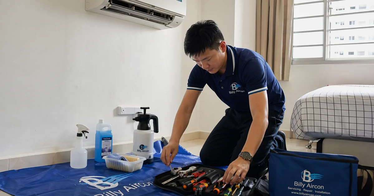 Technician setting up tools beside aircon in HDB bedroom