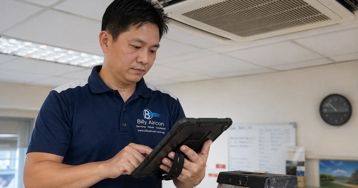 Technician writing quote beside office cassette aircon