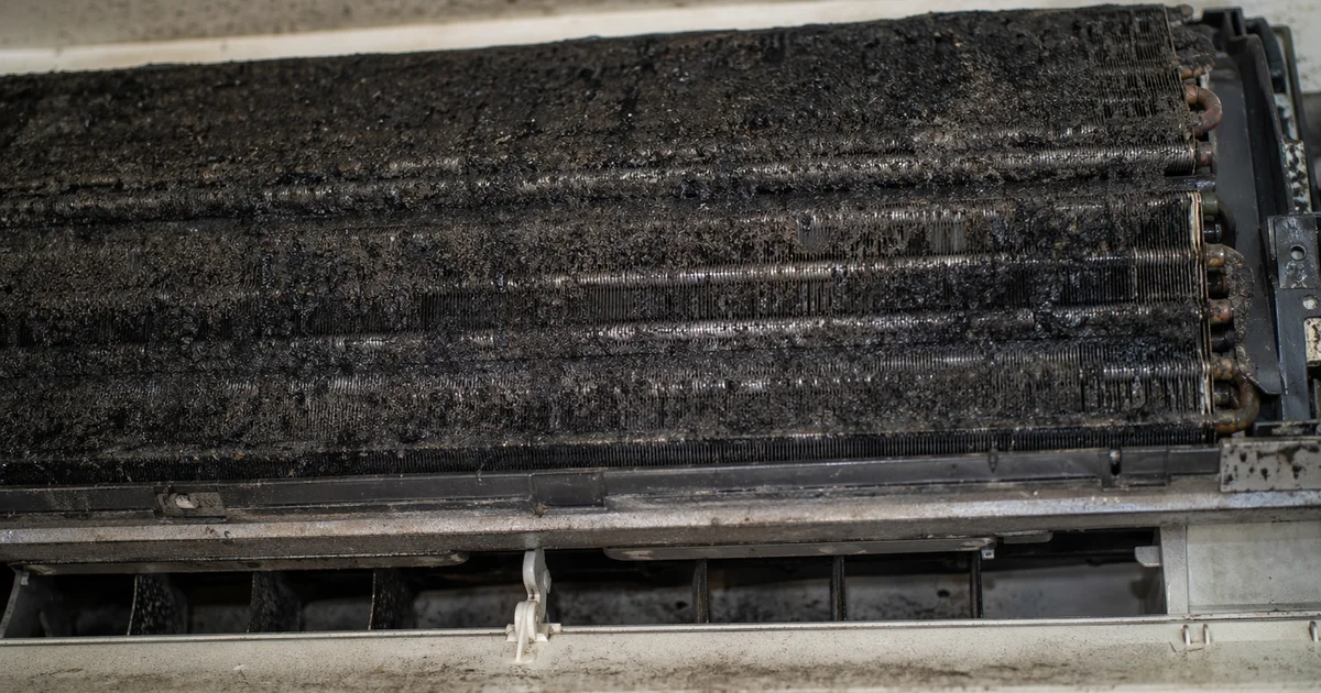 Close-up of mouldy aircon fan coil with dark biofilm on fins