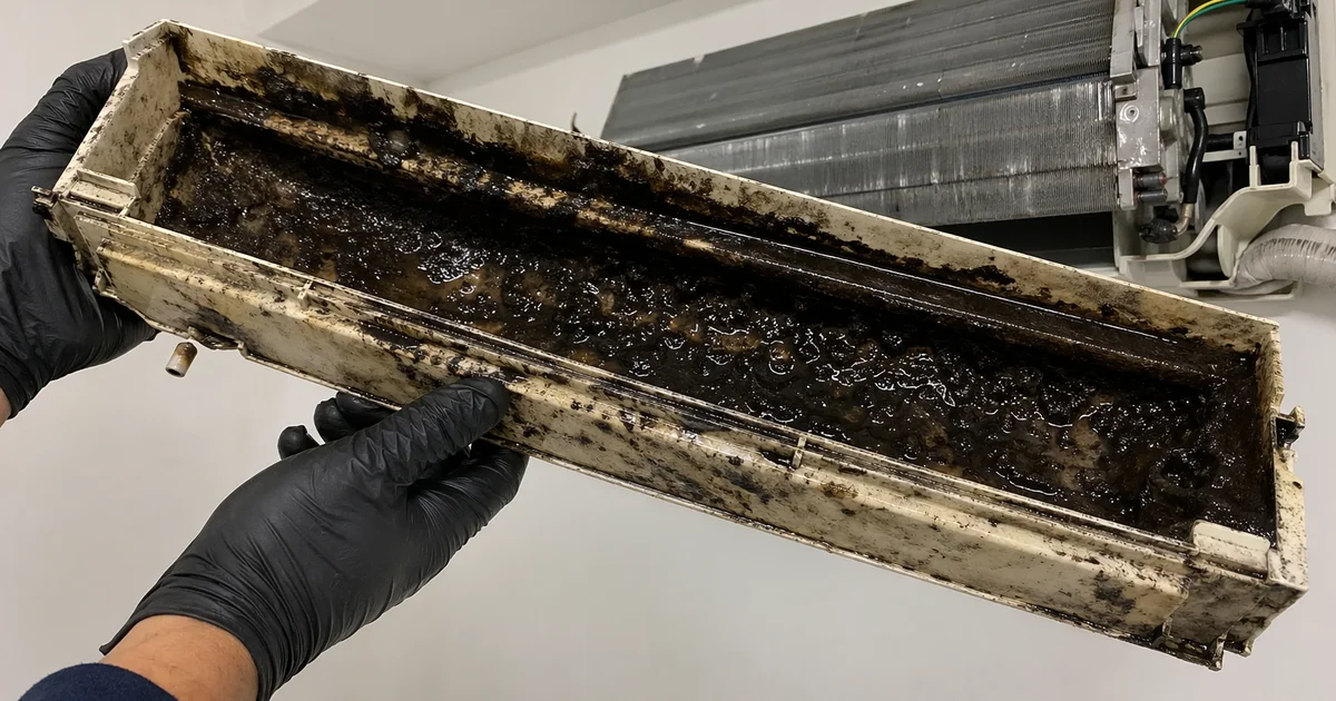 Heavily sludged aircon drain pan with black grime