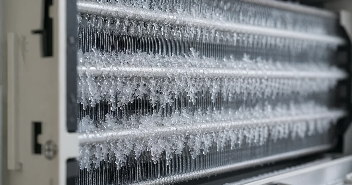 Macro close-up of ice crystals on aircon evaporator coil fins