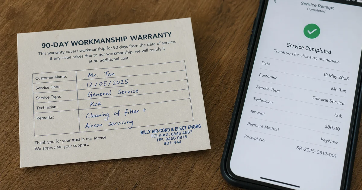 90-day workmanship warranty card with digital receipt