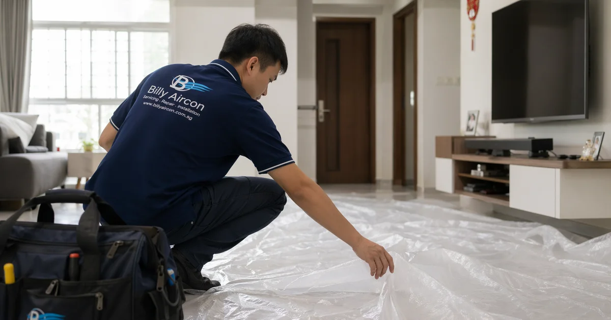 Technician laying protective ground sheet for chemical overhaul