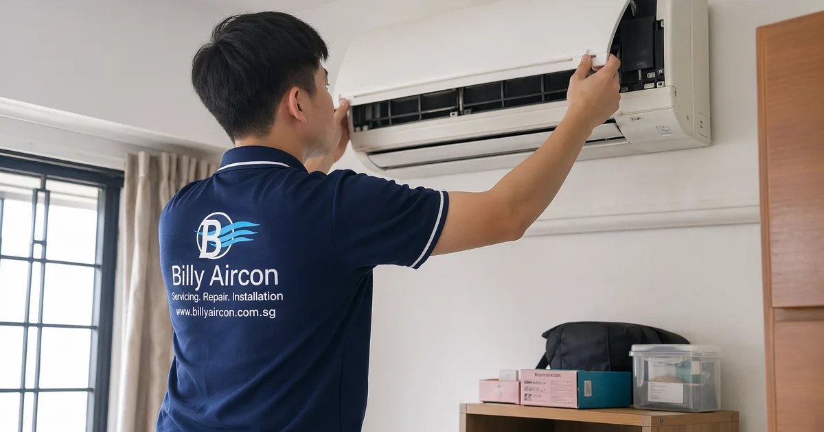 Technician lifting aircon cover in bright HDB bedroom