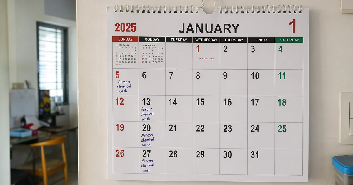 Singapore calendar with quarterly aircon reminders pinned