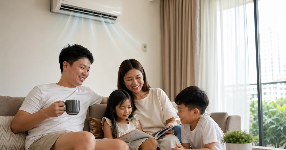 Singaporean family in bright condo living room with wall-mount aircon