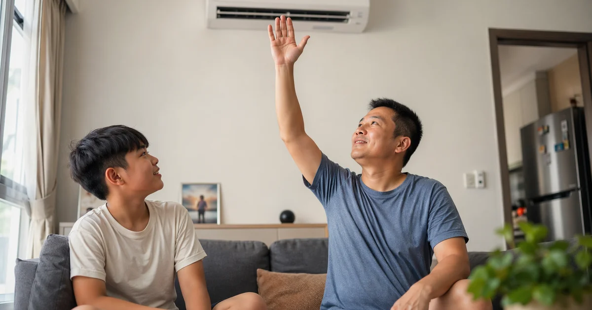 Family testing aircon cool air after Non-Dismantle Wash