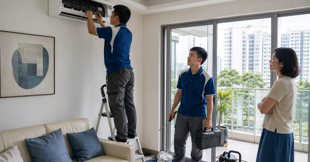 Split view of Singapore condo living room with wall-mount aircon and chemical wash vs overhaul comparison