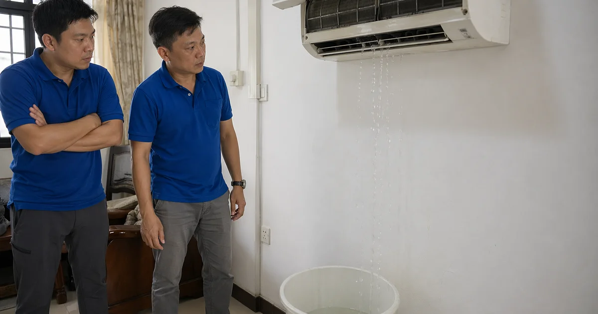 Water dripping from wall-mount aircon into collection bucket