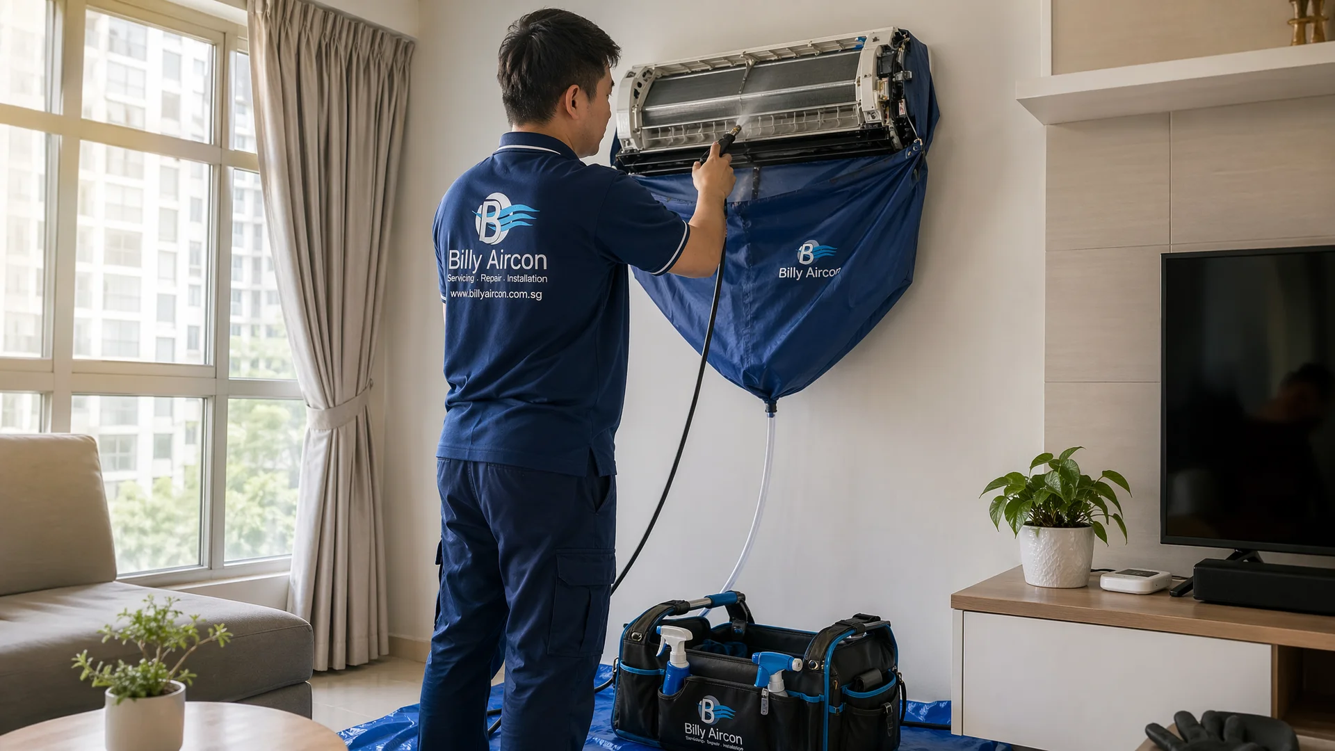 Singapore aircon chemical wash technician at work